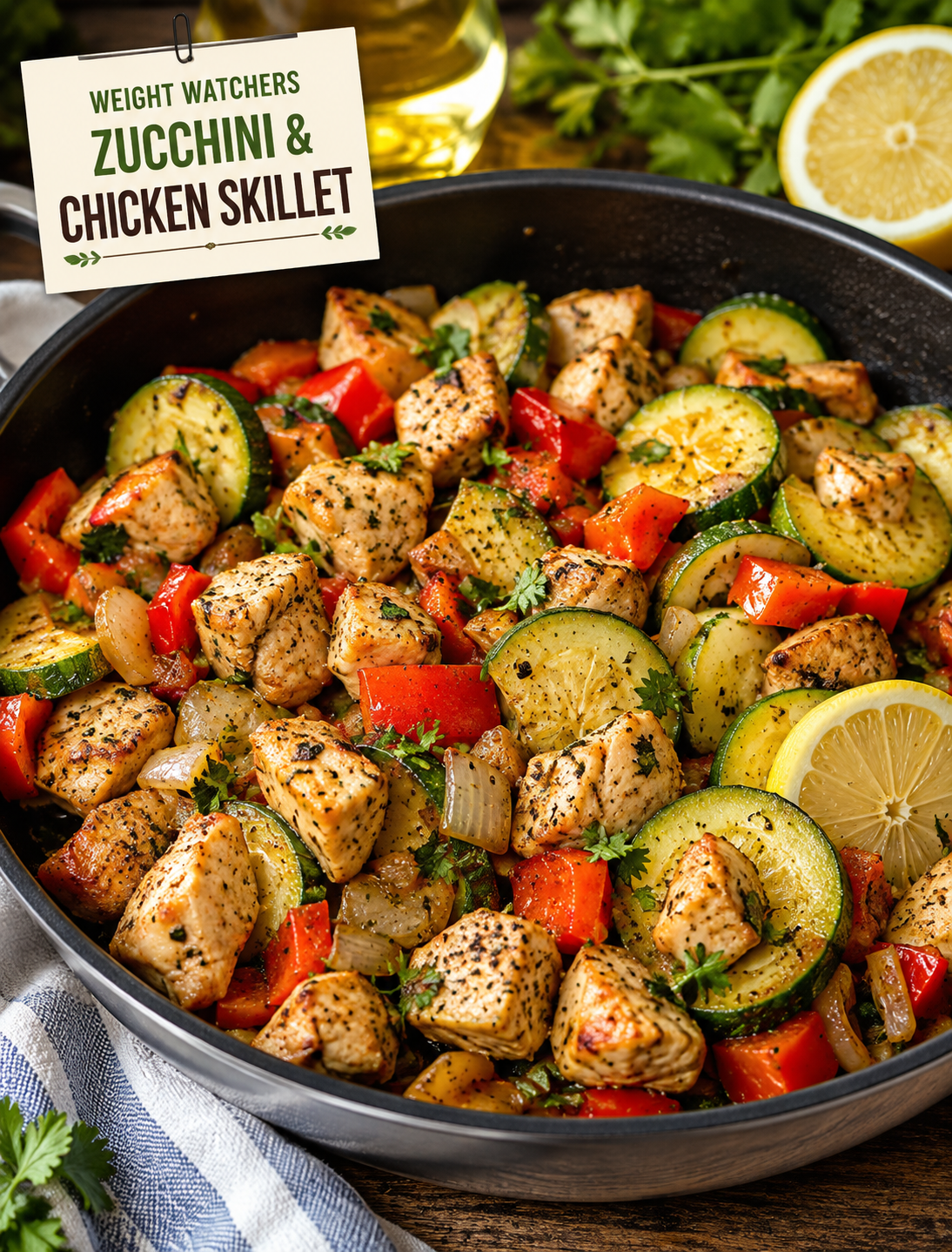 Weight Watchers zucchini and chicken skillet with tender chicken breast, zucchini, red bell peppers, onions, garlic, herbs, and lemon, served in a black skillet.