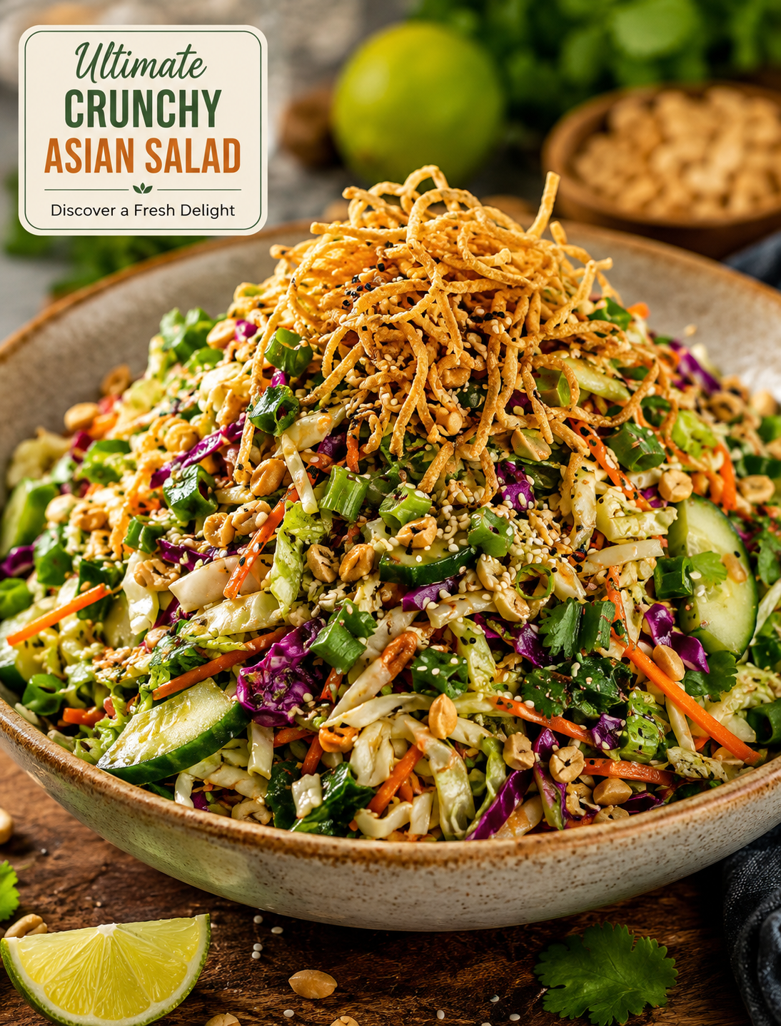 Ultimate Crunchy Asian Salad with cabbage, carrots, bell peppers, cucumber, peanuts, sesame seeds, and Asian-style dressing