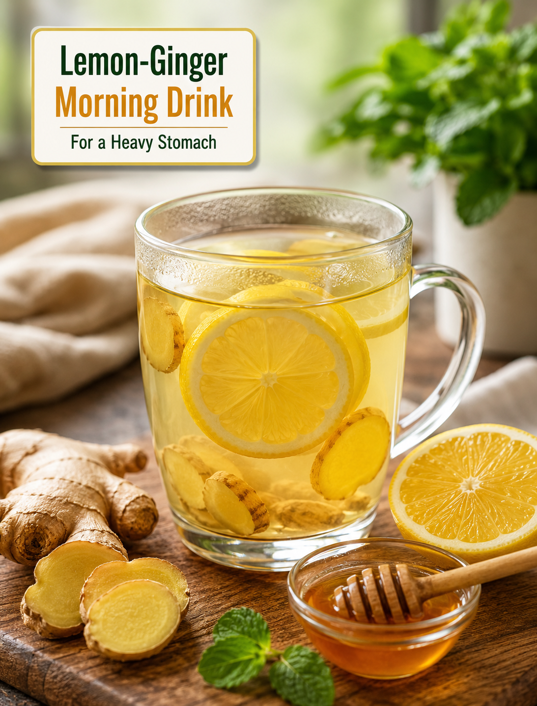 Warm lemon-ginger morning drink with fresh lemon slices and ginger for a simple healthy morning routine