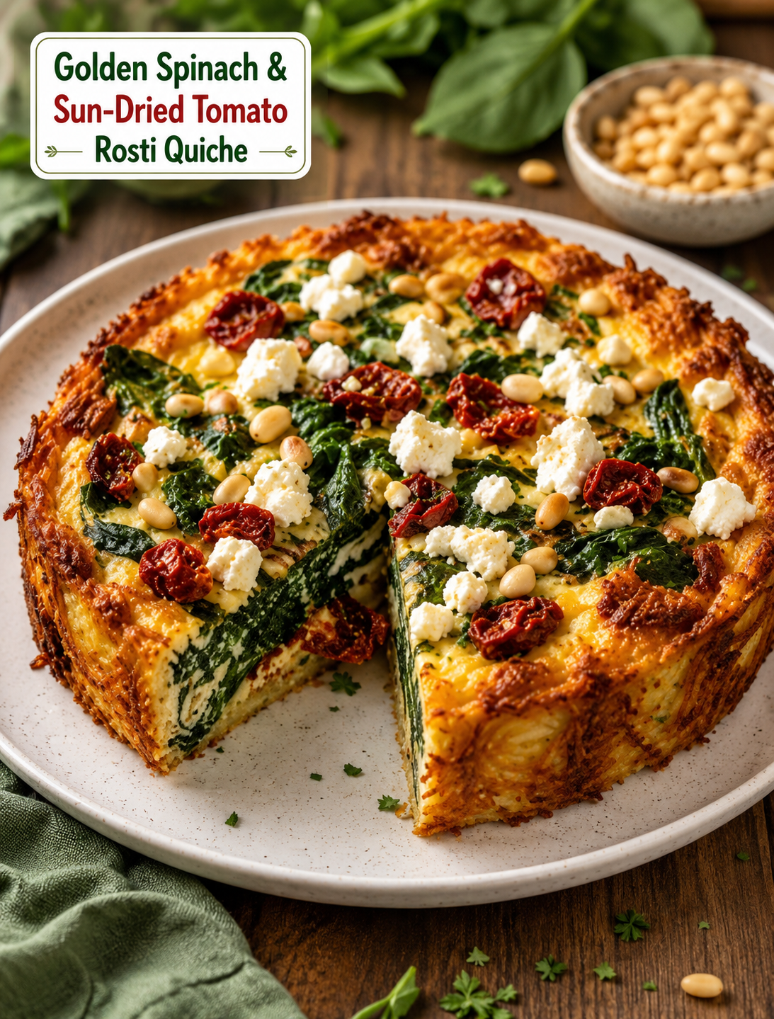 Golden Spinach & Sun-Dried Tomato Rosti Quiche with Feta & Pine Nuts Recipe – Crispy, Creamy & Flavorful Savory Delight