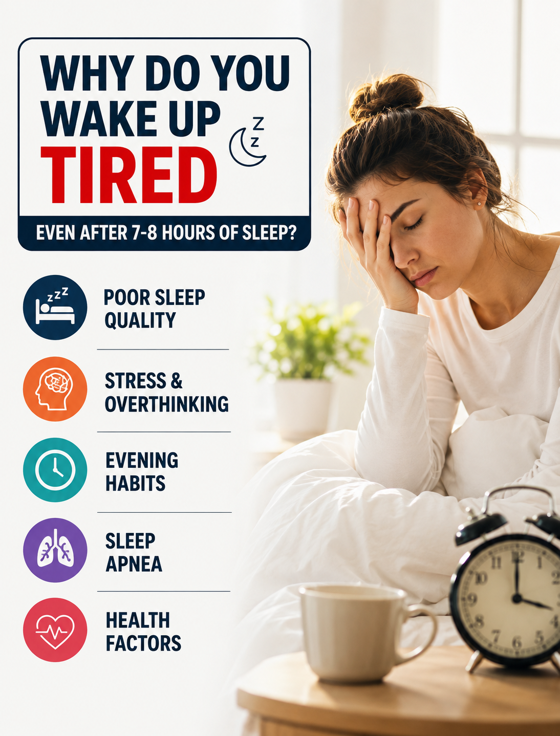 Person waking up tired in bed after 7–8 hours of sleep, highlighting morning fatigue and healthy sleep habits.