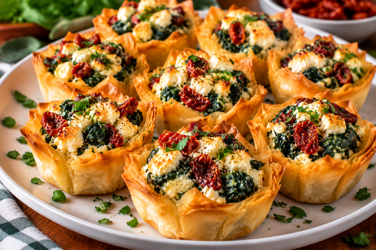 Stuffed Phyllo Cups filled with spinach feta cheese and sun-dried tomatoes Mediterranean appetizer