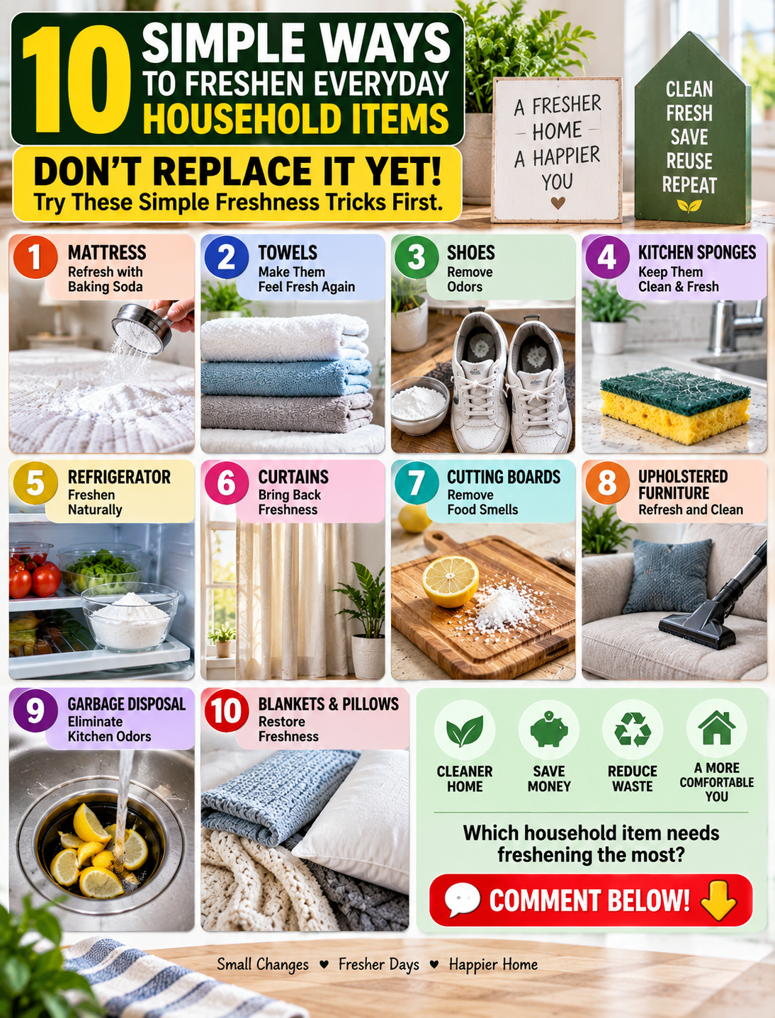 Simple household items being refreshed with natural cleaning ingredients like baking soda, lemon, and vinegar