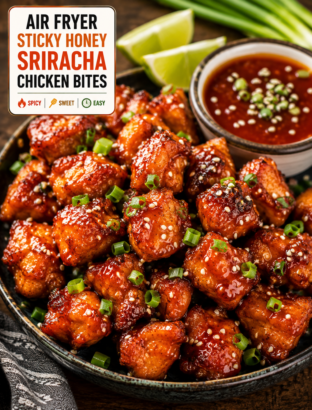 Crispy air fryer honey Sriracha chicken bites coated in glossy sauce with sesame seeds, green onions, lime, and dipping sauce