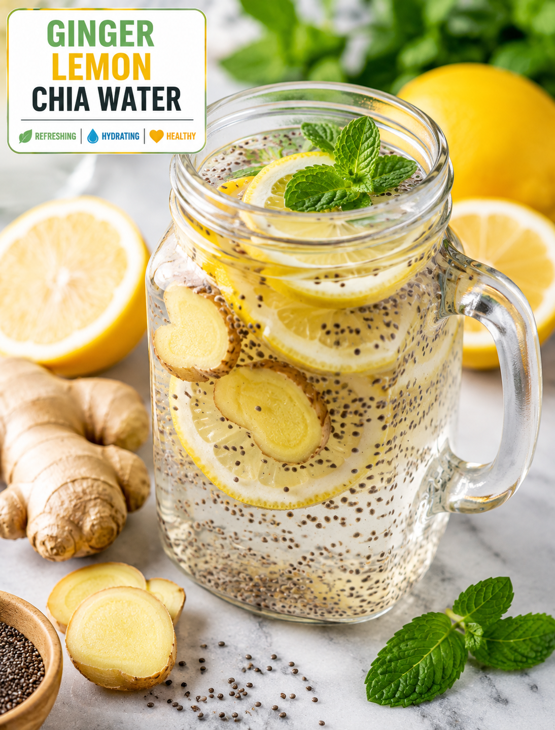 Refreshing ginger lemon chia water with hydrated chia seeds, fresh lemon slices, ginger, mint, and ice in a clear glass
