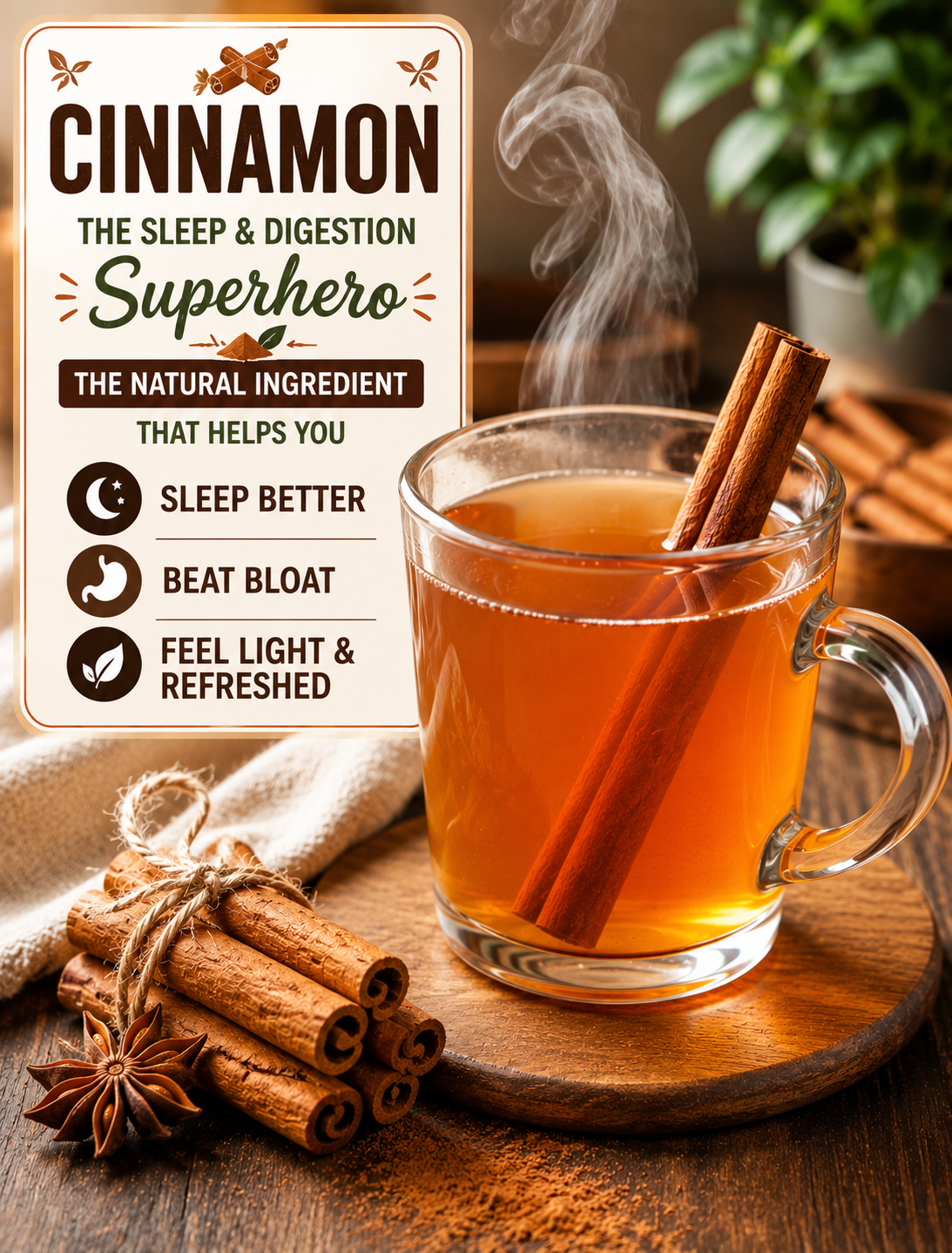 Warm cinnamon tea in a glass cup with cinnamon sticks for a relaxing nighttime wellness routine