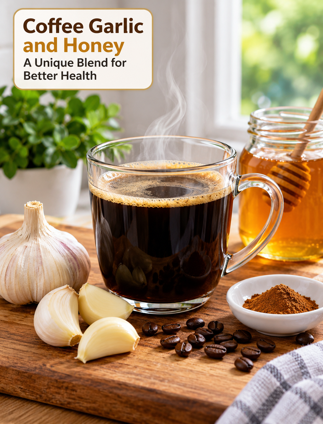 Cup of coffee with garlic and honey, a unique homemade morning wellness drink