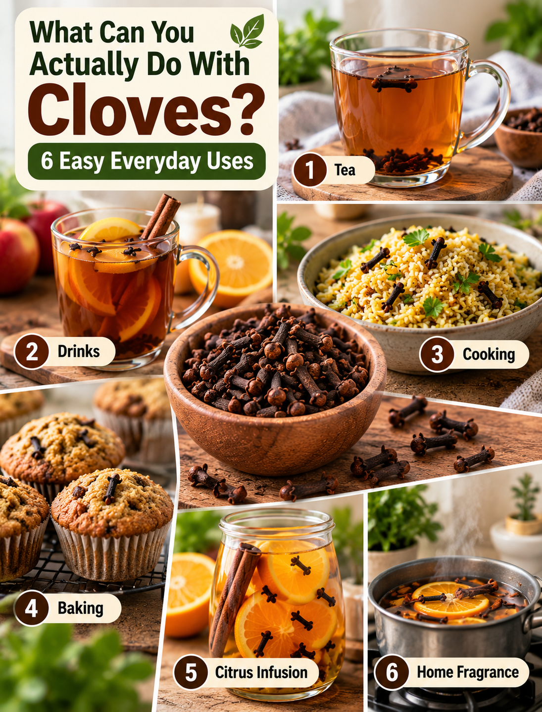 Six everyday uses for cloves including clove tea, cooking, baking, citrus infusion, and cozy home aroma