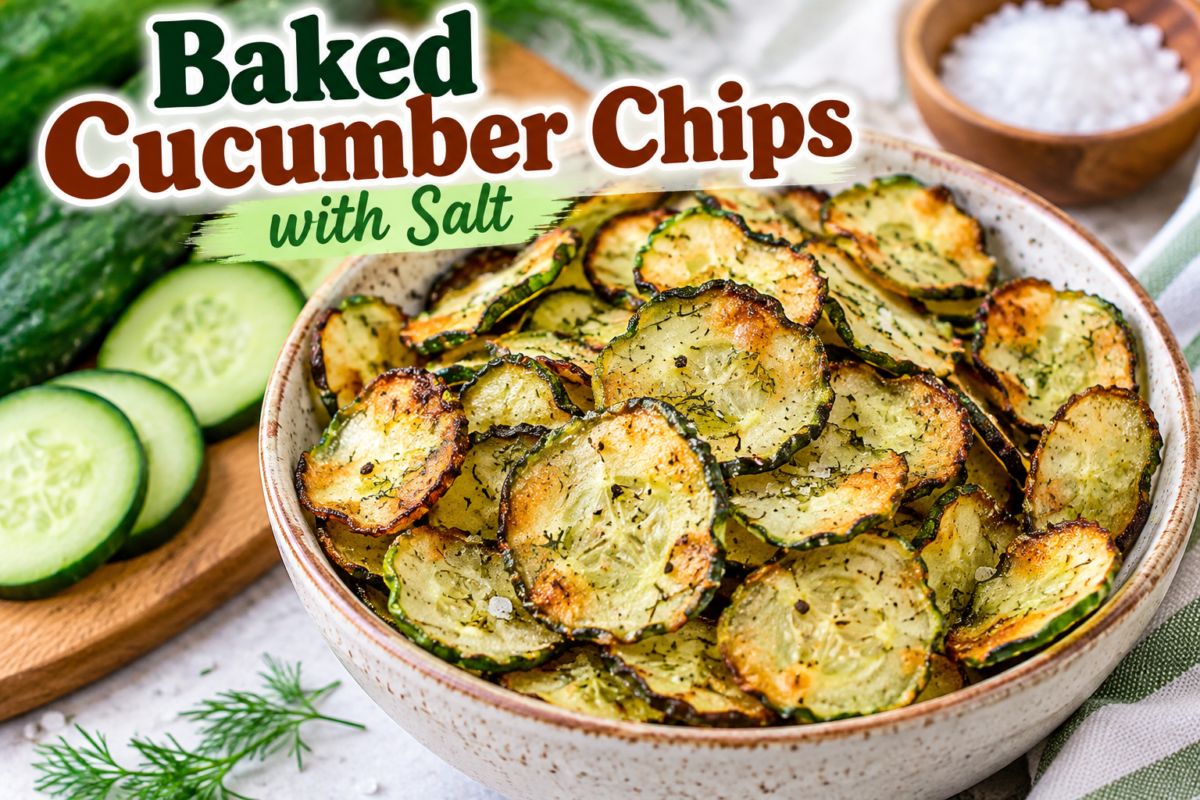 Baked Cucumber Chips with Salt, herbs, and black pepper served in a bowl