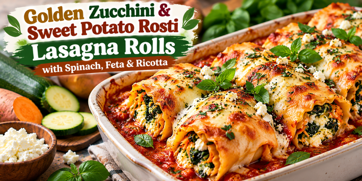 Golden Lasagna Rolls with spinach, feta, ricotta, zucchini, and sweet potato rosti