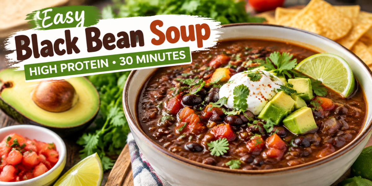 Easy Black Bean Soup with vegetables and fresh toppings in a bowl
