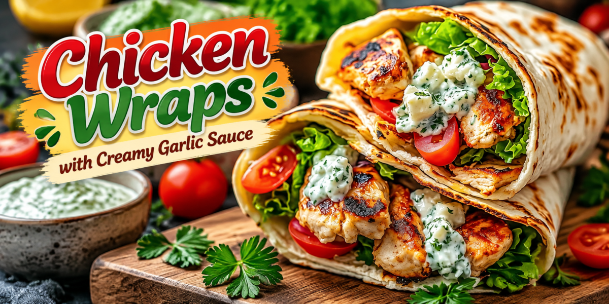 Chicken Wraps with creamy garlic sauce, grilled chicken, fresh vegetables, and soft tortilla filling