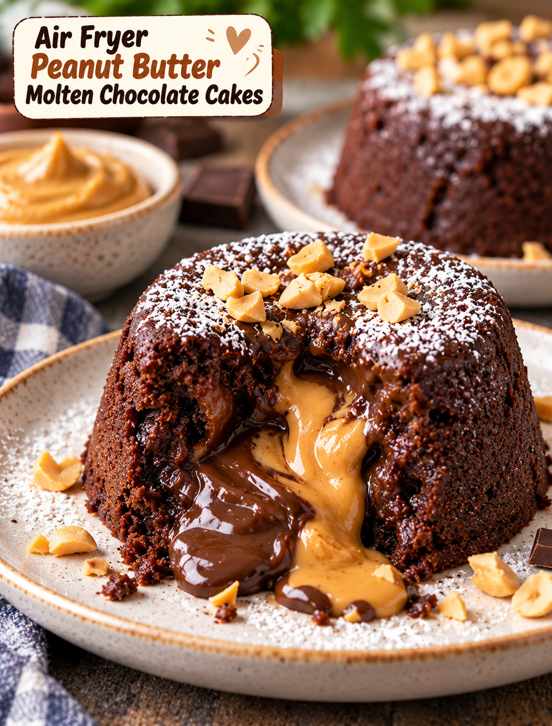 Air fryer peanut butter molten chocolate cake with a warm gooey center and powdered sugar