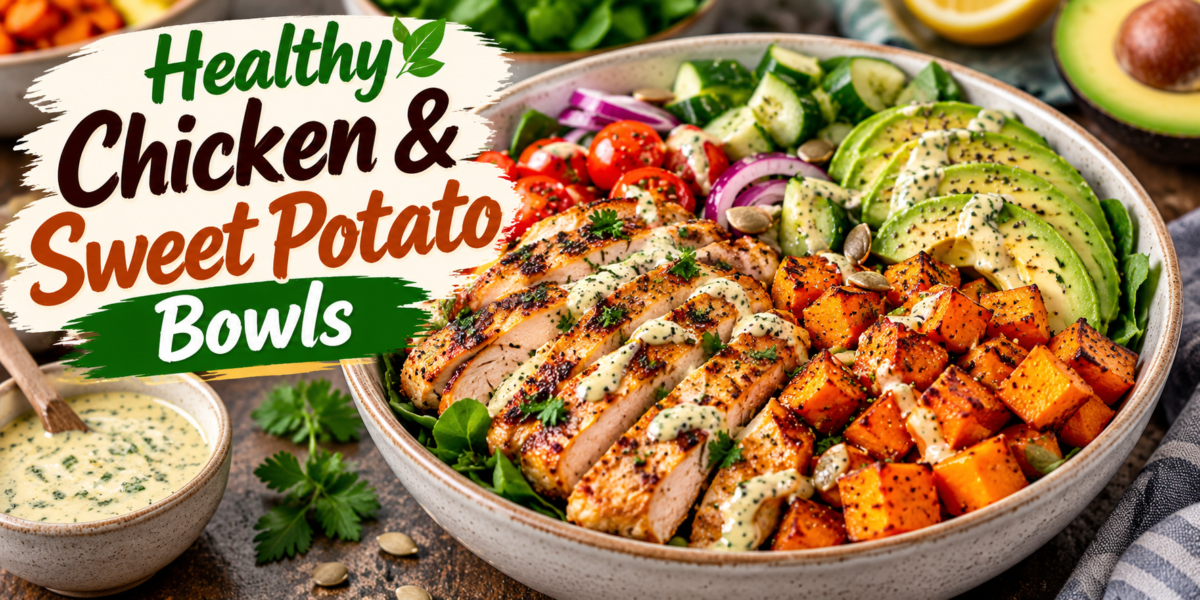 Healthy Chicken Bowls with grilled chicken, roasted sweet potatoes, avocado, cucumber, tomatoes, greens, and herb dressing