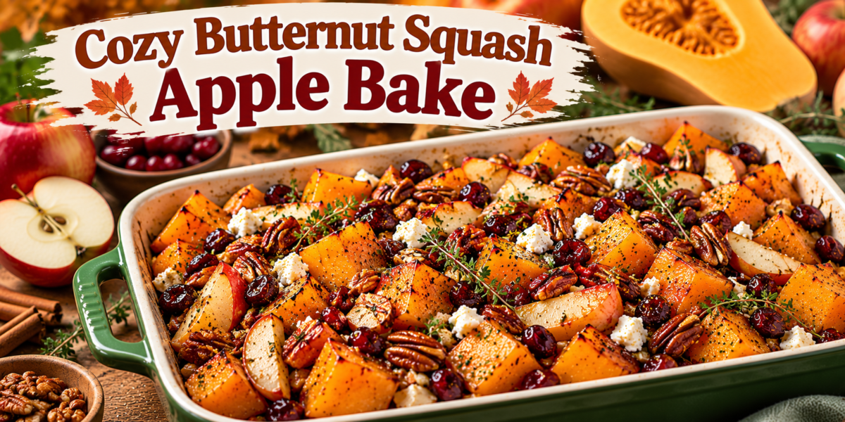 Butternut Squash Apple Bake with roasted squash, apples, cranberries, pecans, cinnamon, and maple glaze