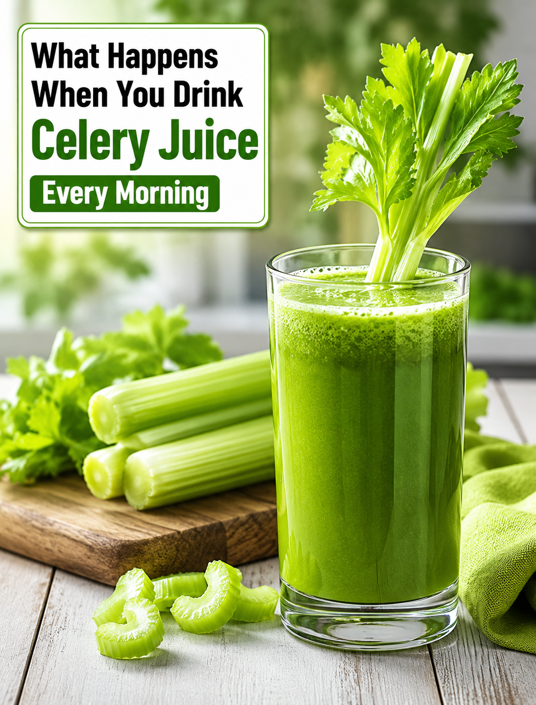 A glass of fresh celery juice with celery stalks on a healthy breakfast table