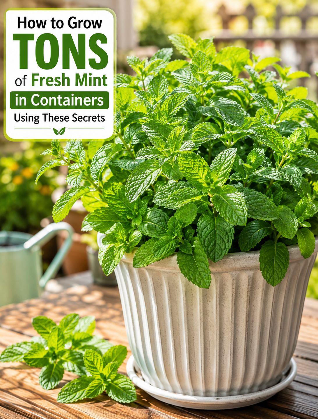 Fresh green mint growing lush and bushy in a container on a sunny home patio