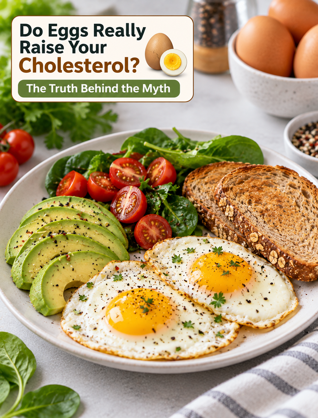 Healthy breakfast with eggs, avocado, spinach, tomatoes, whole grain toast, and fresh vegetables illustrating eggs and cholesterol