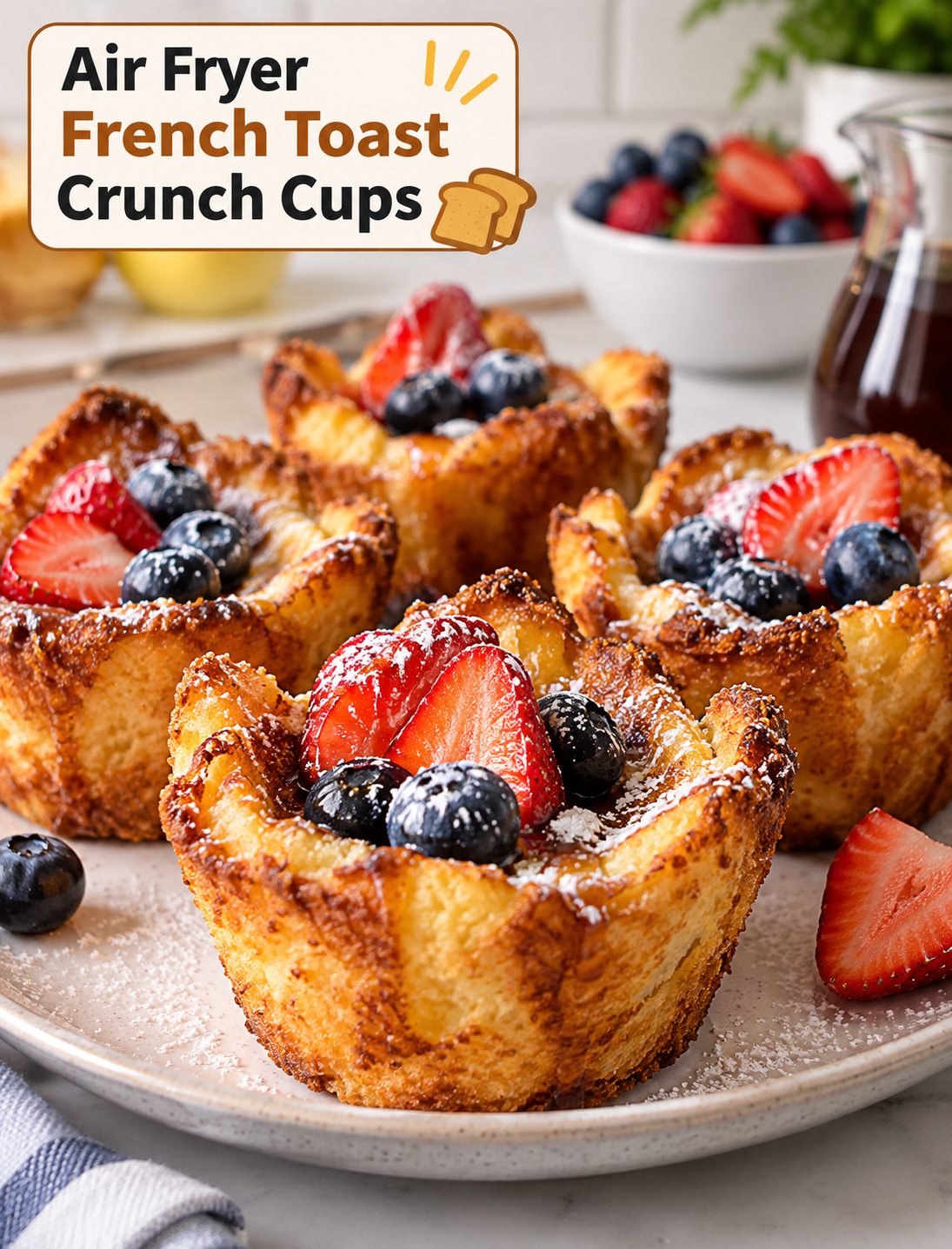Golden crispy Air Fryer French Toast Crunch Cups topped with fresh berries and powdered sugar on a breakfast plate
