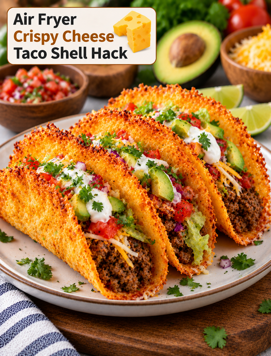 Crispy cheese taco shells filled with seasoned beef, lettuce, tomatoes, avocado, and salsa made in an air fryer
