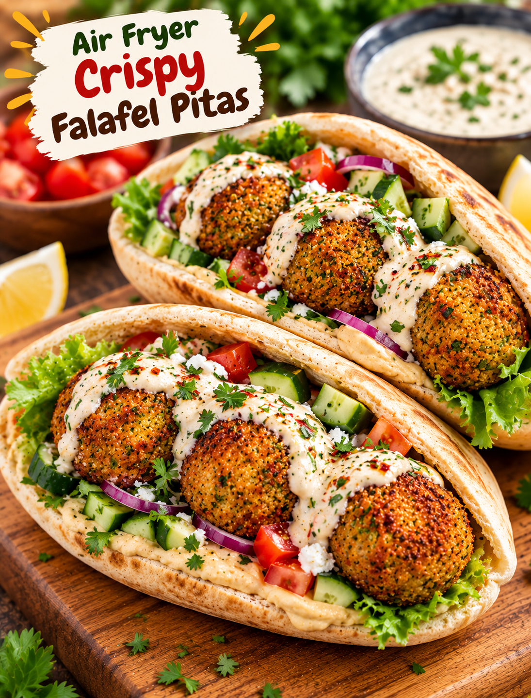 Crispy air fryer falafel stuffed into warm pita with fresh vegetables and garlic yogurt sauce