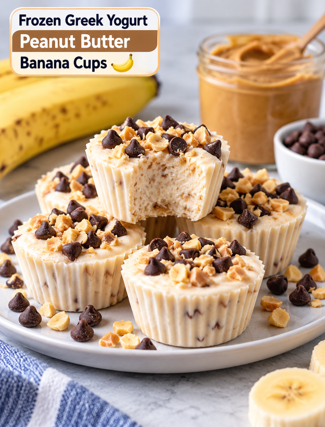 Frozen Greek yogurt peanut butter banana cups topped with chocolate chips and crushed peanuts