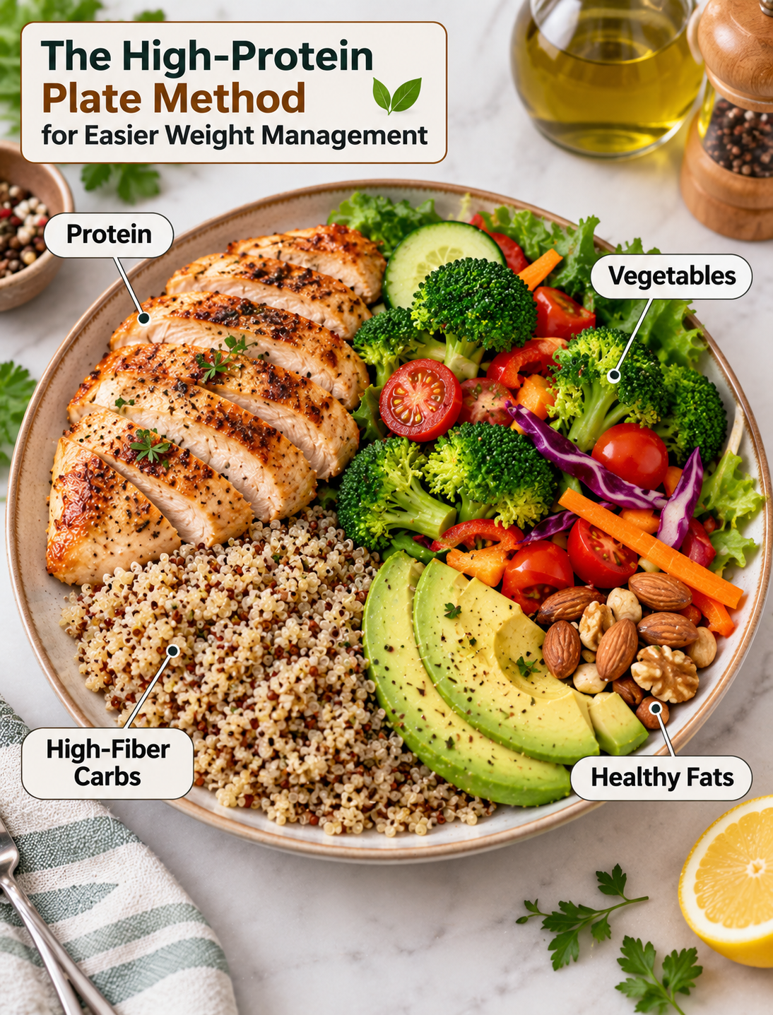 Balanced high-protein plate with grilled chicken, colorful vegetables, brown rice, avocado, and healthy foods for meal planning