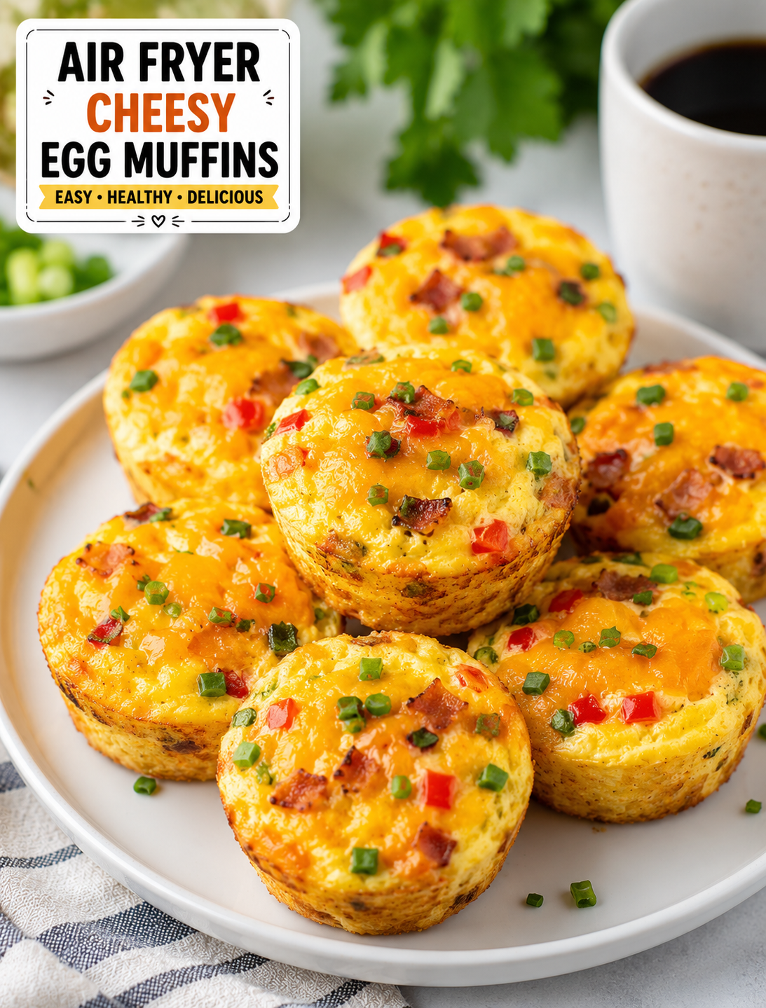 Fluffy air fryer cheesy egg muffins with melted cheddar, bell peppers, and green onions served on a breakfast plate
