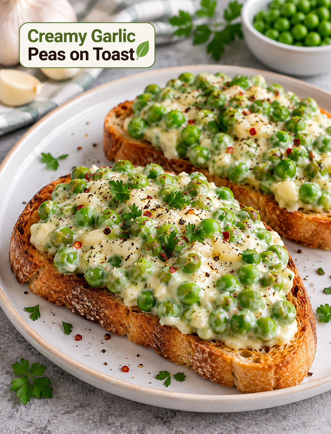 Creamy garlic peas in a smooth white sauce served over crisp golden toast with fresh parsley