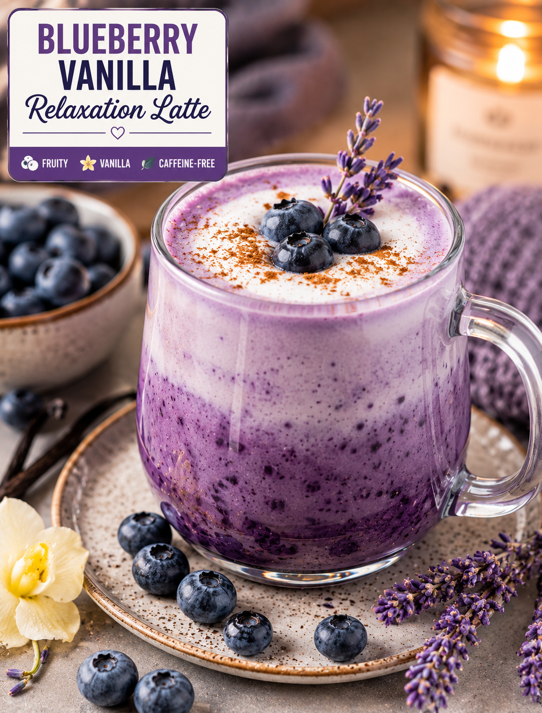Creamy blueberry vanilla latte in a glass mug, topped with milk foam, fresh blueberries, and a light sprinkle of cinnamon