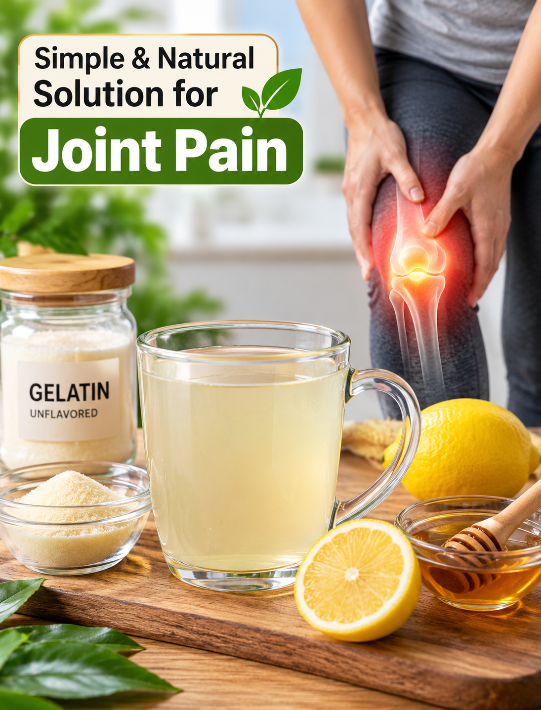 Homemade gelatin drink with lemon for natural joint health and wellness