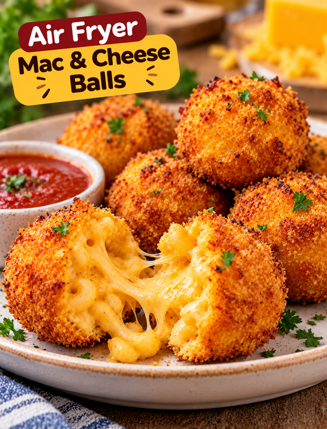 Crispy air fryer mac and cheese balls with golden breadcrumb coating and creamy melted cheese center served with dipping sauce