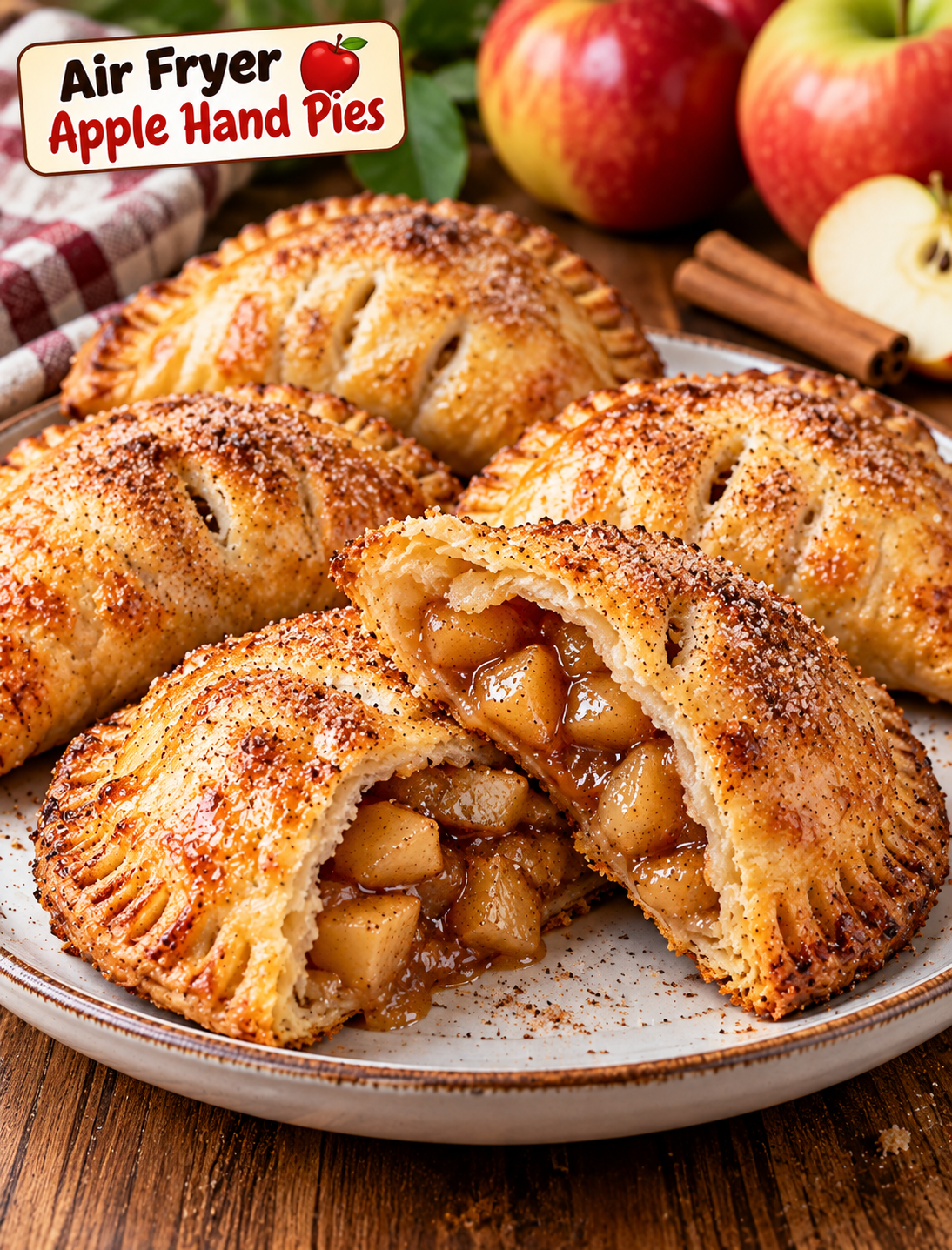 Golden Air Fryer Apple Hand Pies filled with cinnamon-spiced apples and finished with a crisp flaky crust.