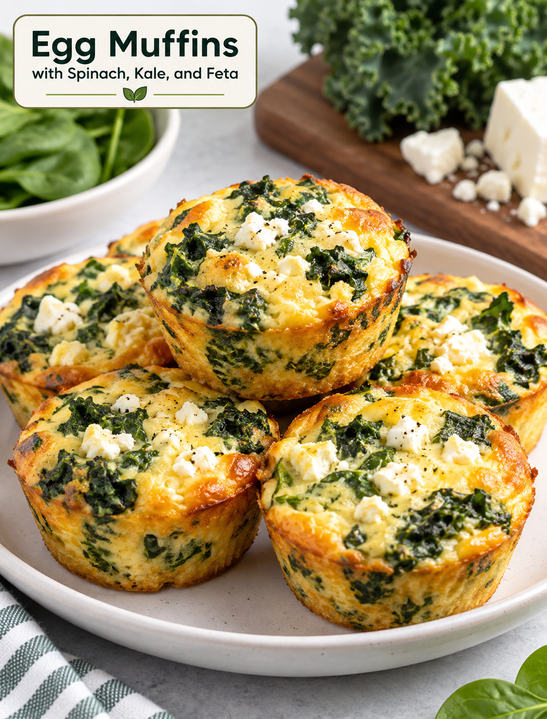Egg muffins with spinach, kale, and crumbled feta served as a healthy protein-rich breakfast