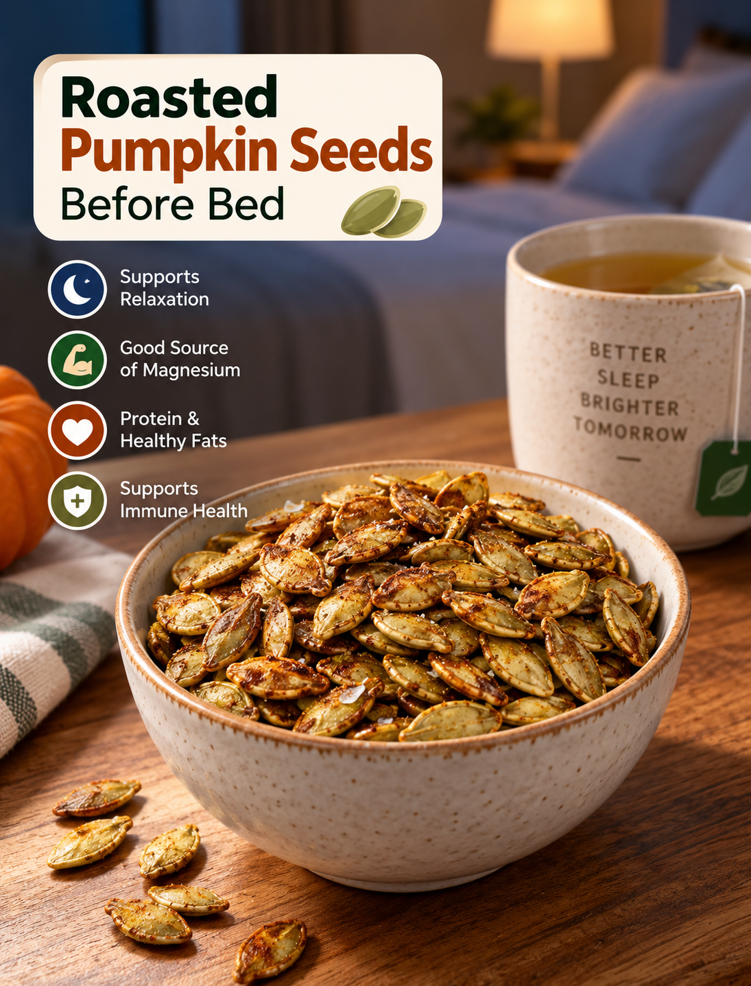 Crispy roasted pumpkin seeds in a bowl, a healthy bedtime snack rich in magnesium and protein