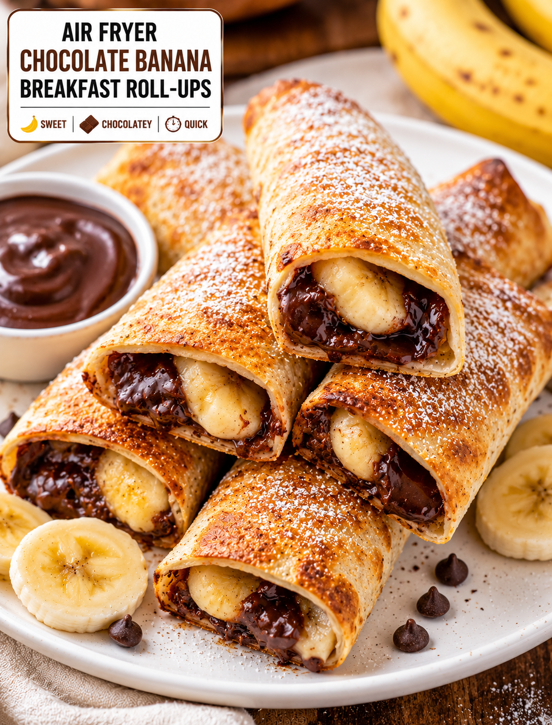 Golden air fryer chocolate banana breakfast roll-ups dusted with powdered sugar, showing melted chocolate and warm banana filling