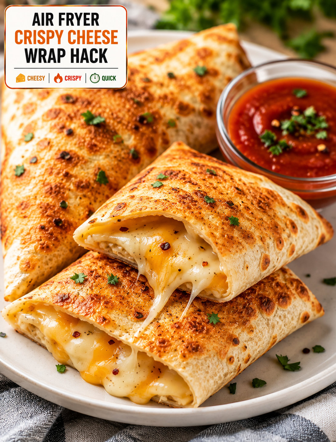 Golden crispy air fryer cheese wrap sliced open to reveal gooey melted cheese, served with dipping sauce and fresh herbs