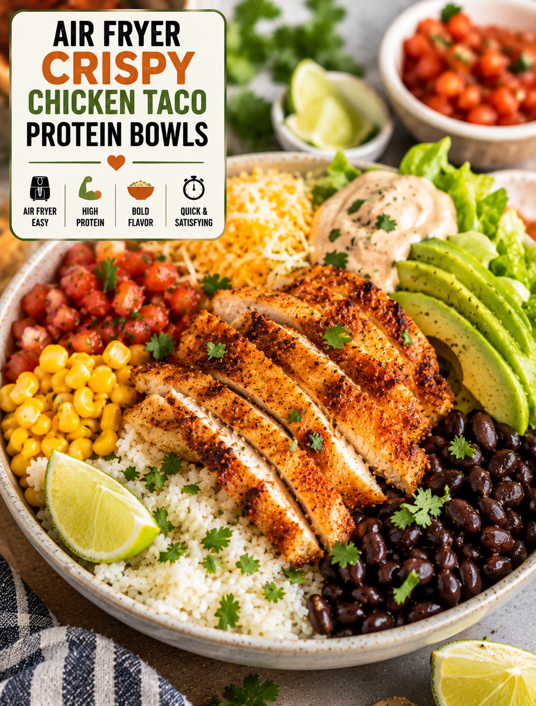 Air fryer crispy chicken taco protein bowl with seasoned chicken, rice, black beans, corn, avocado, lettuce, tomatoes, and lime
