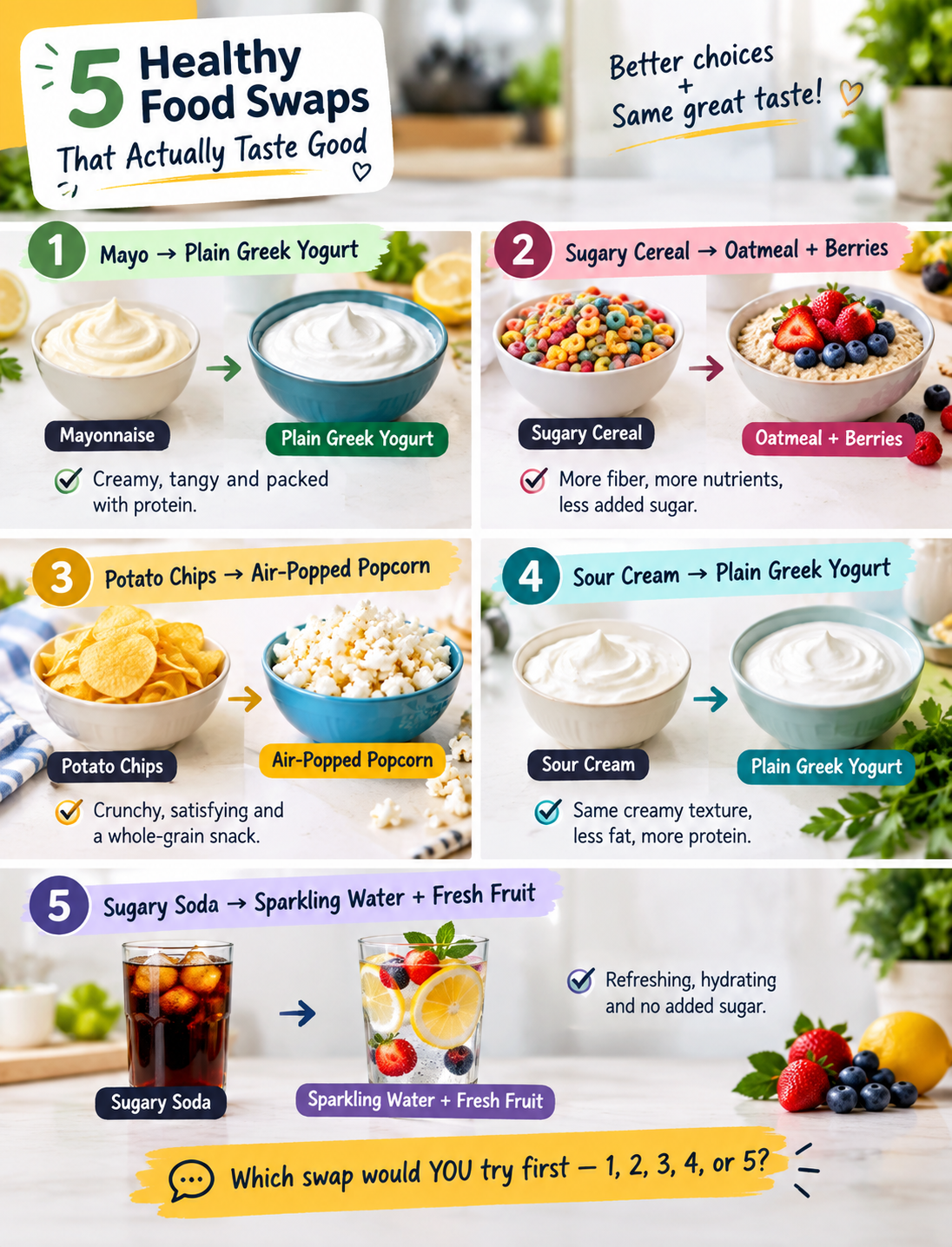Five healthy food swaps including Greek yogurt, oatmeal with berries, air-popped popcorn, fresh fruit, and sparkling water.