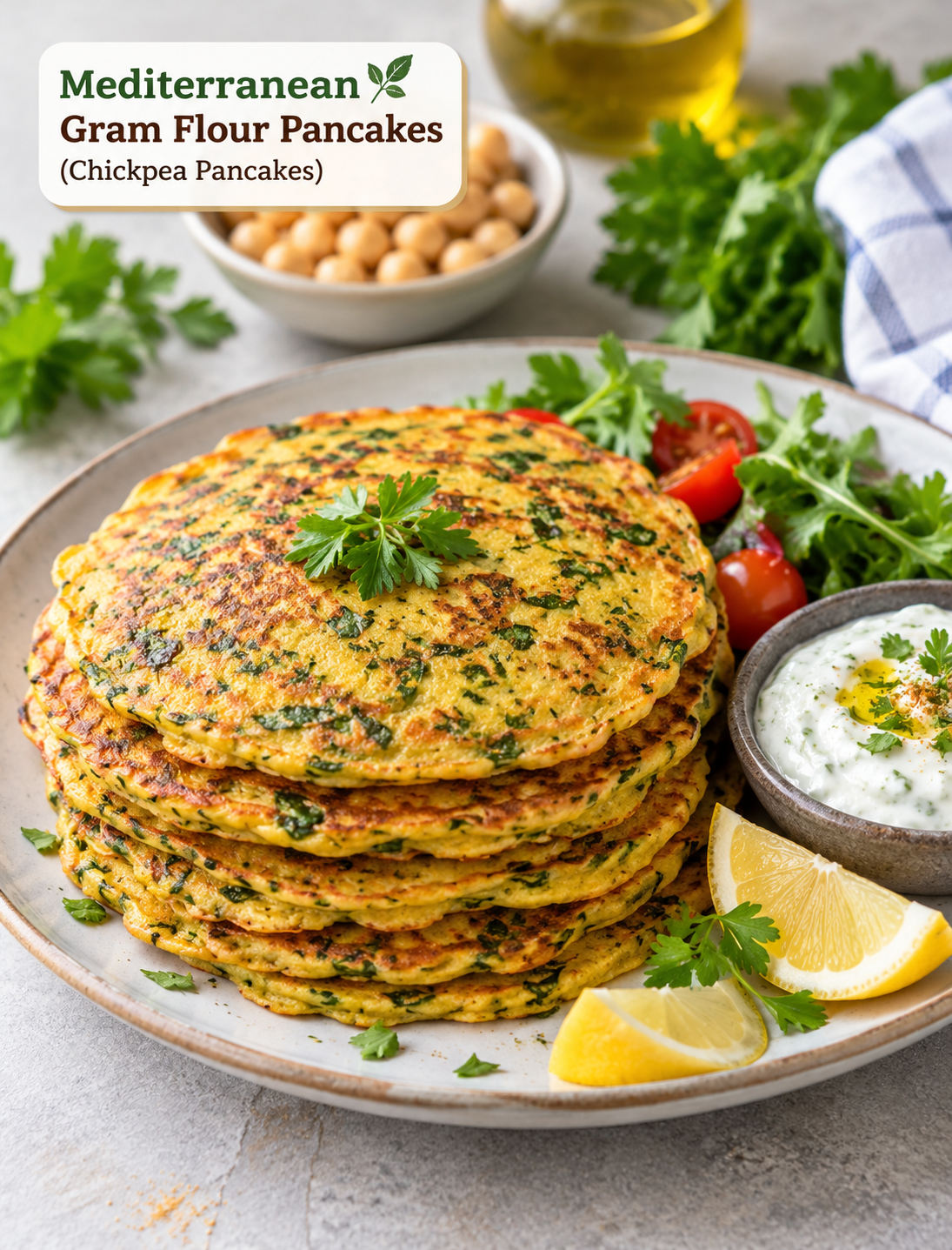 Golden Mediterranean gram flour pancakes made with chickpea flour, spinach, onions, and herbs served with hummus and fresh vegetables