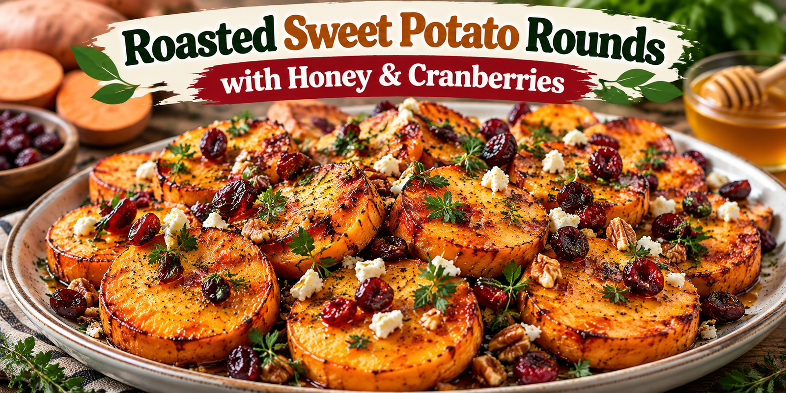 Roasted Sweet Potato Rounds with honey, dried cranberries, fresh herbs, feta, and toasted pecans