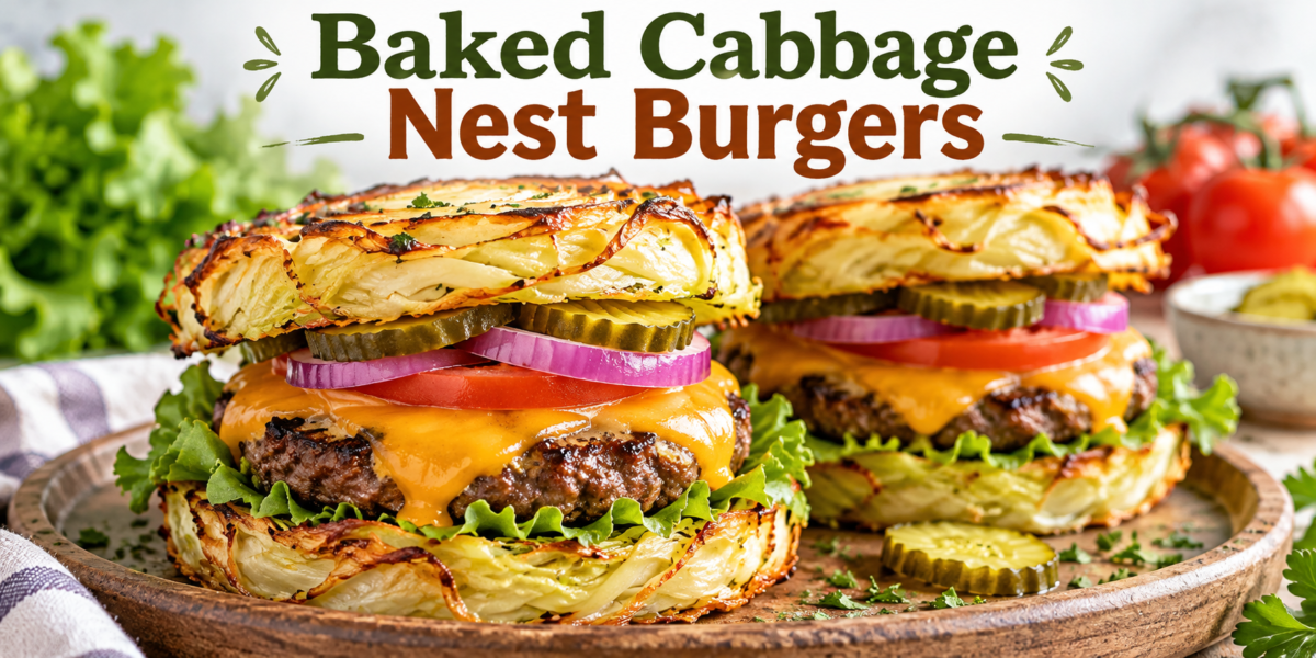 Baked Cabbage Nest Burgers with juicy beef patties, melted cheese, lettuce, tomato, onion, and pickles in crispy cabbage nests.