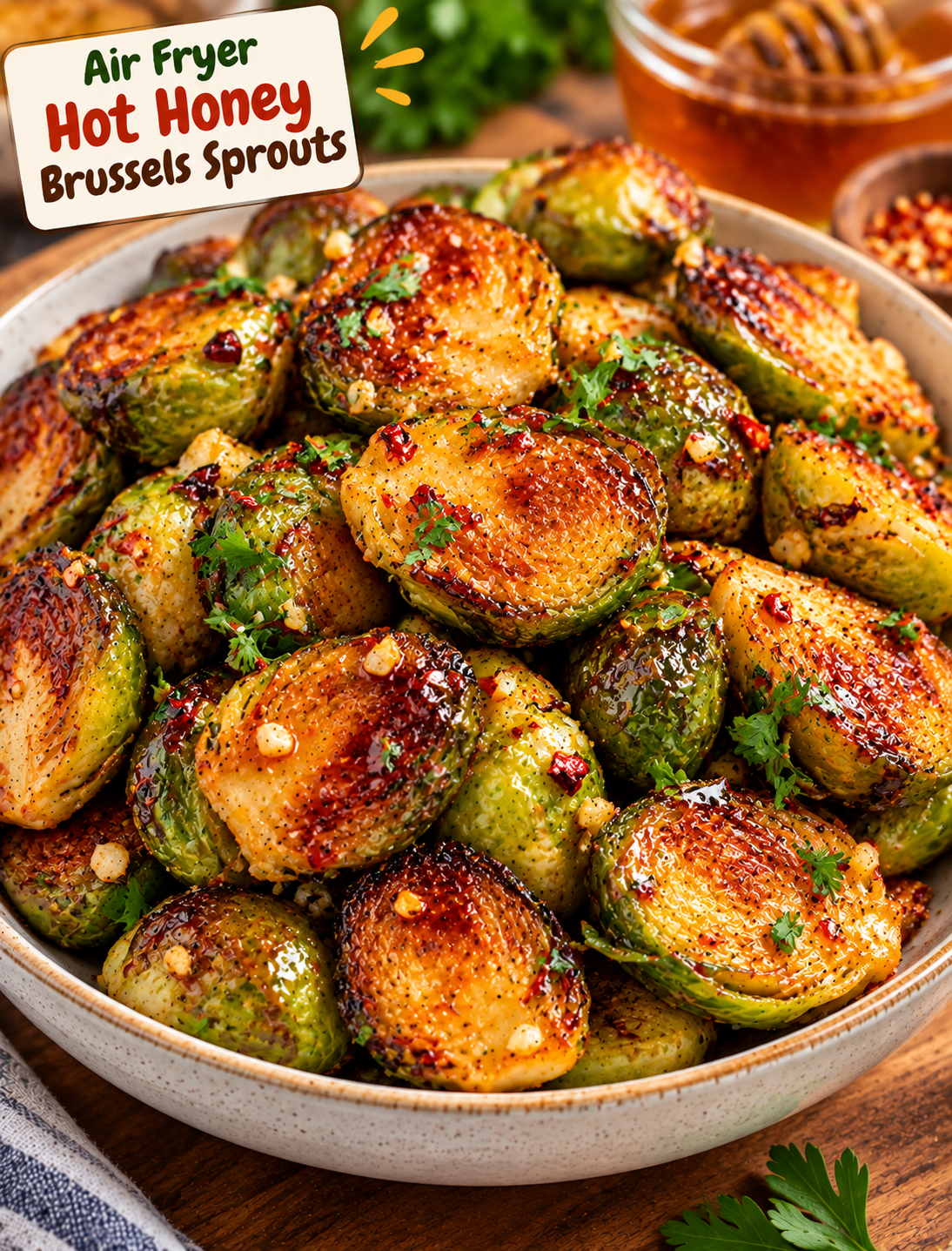 Crispy Air Fryer Hot Honey Brussels Sprouts with a sweet and spicy honey glaze
