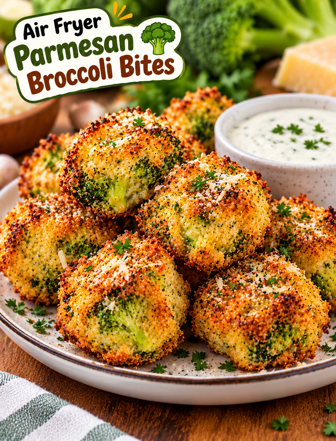 Crispy Air Fryer Parmesan Broccoli Bites with golden edges, grated Parmesan, parsley, and dipping sauce