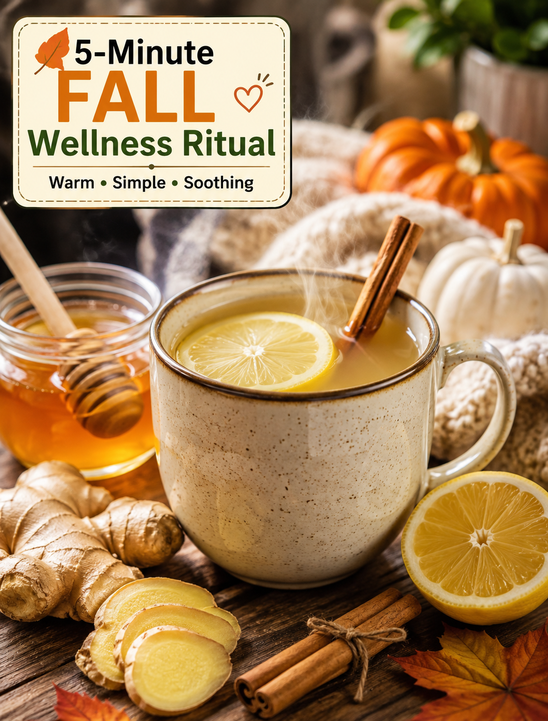 5-minute fall wellness ritual with ginger, lemon, honey, cinnamon, and warm water in a cozy mug