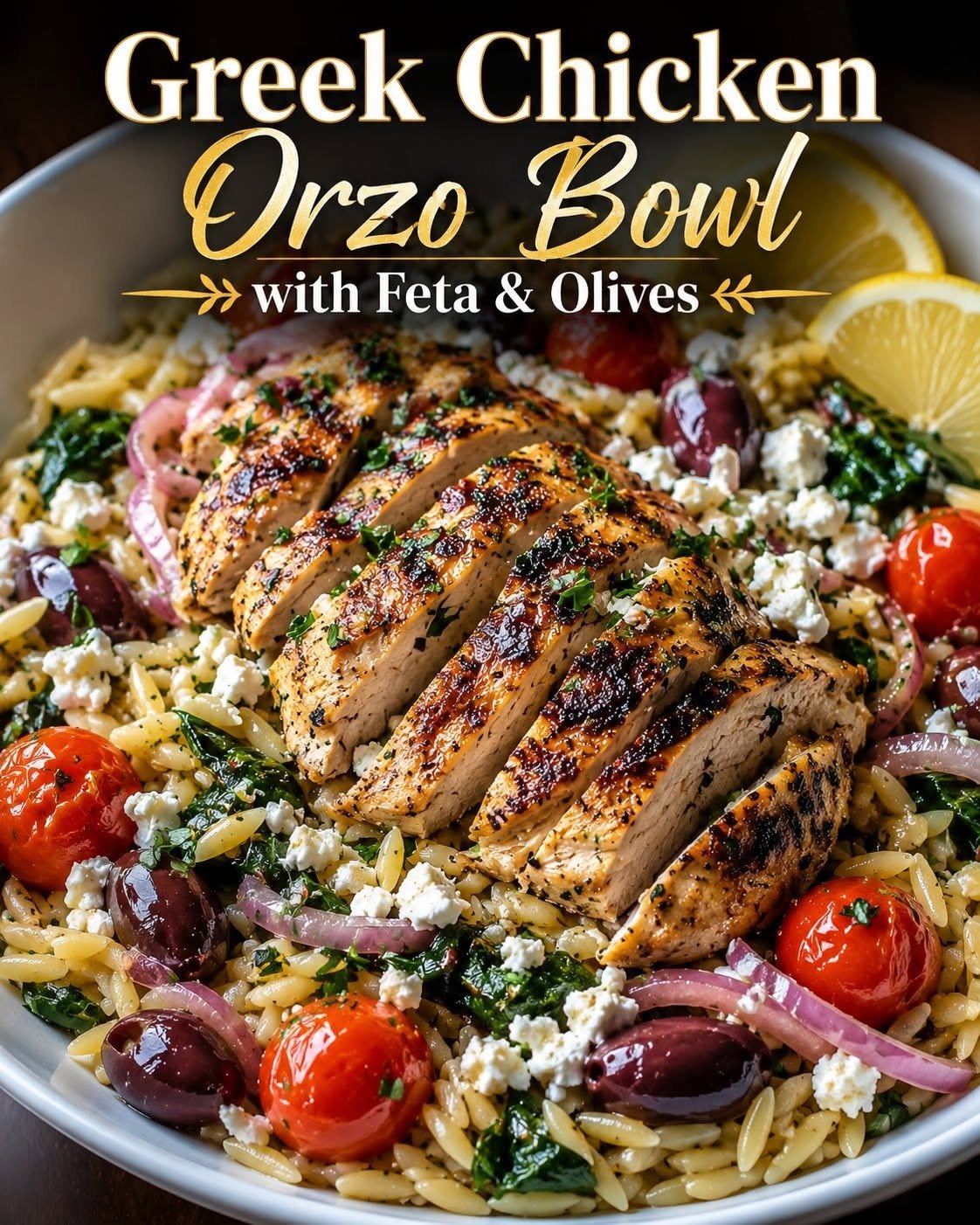 Greek Chicken Orzo Bowl with Feta & Olives