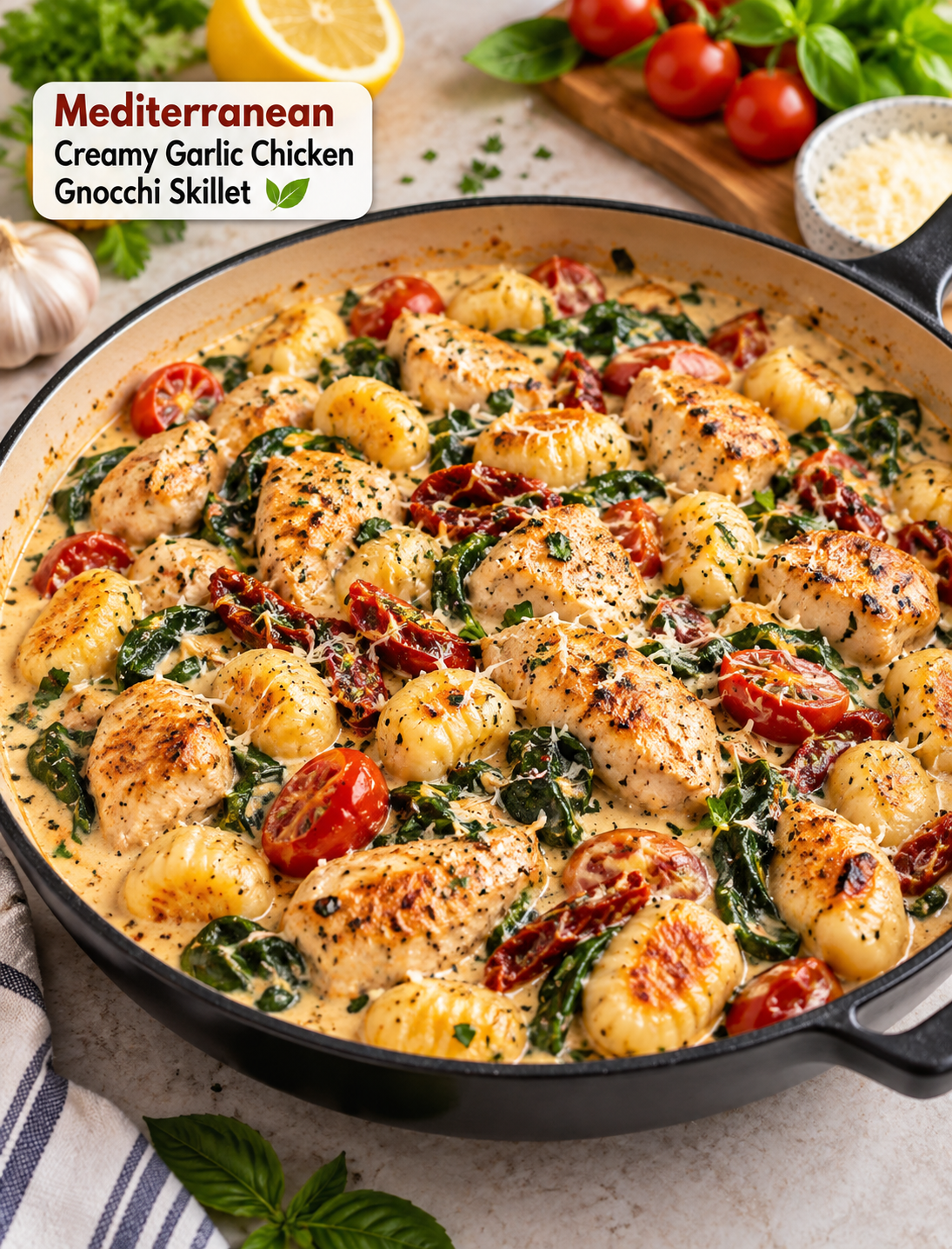 Mediterranean creamy garlic chicken gnocchi skillet with golden gnocchi, tender chicken, spinach, cherry tomatoes, and creamy garlic sauce
