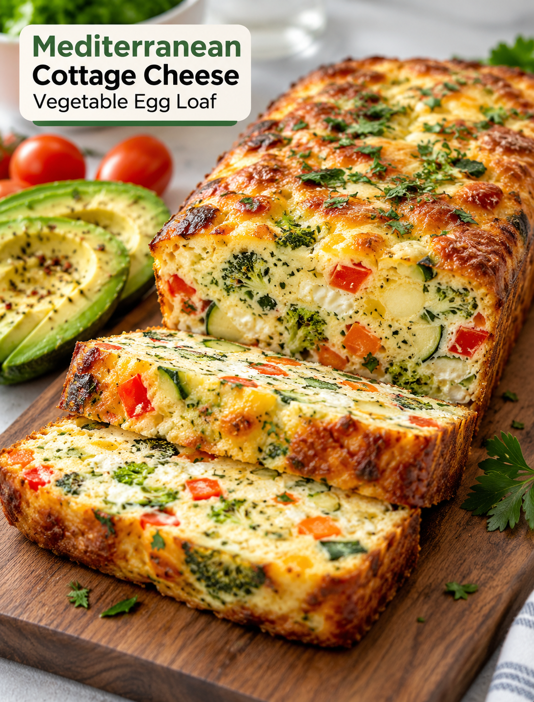 Mediterranean cottage cheese vegetable egg loaf with eggs, vegetables, and mozzarella sliced and served with avocado
