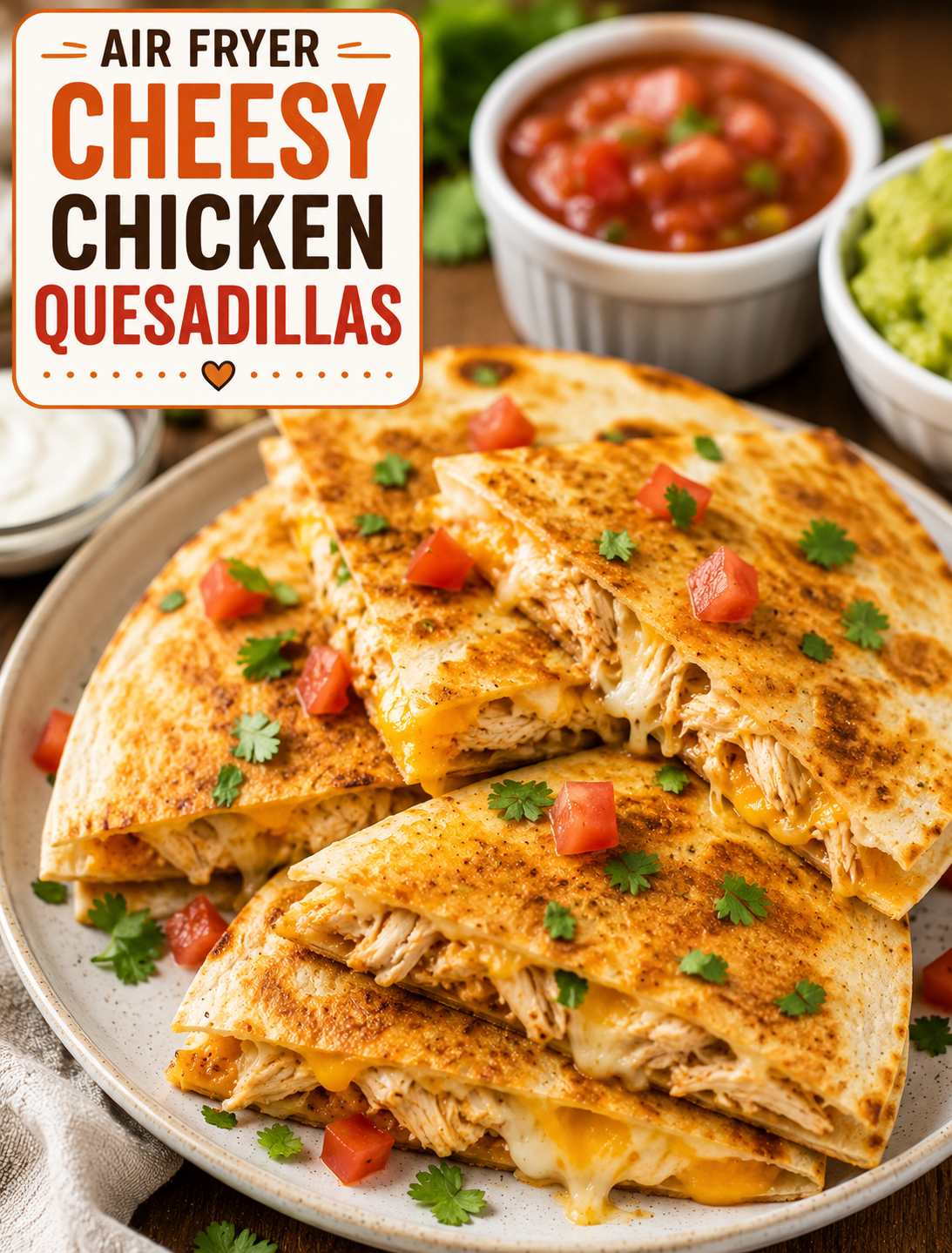Air Fryer Cheesy Chicken Quesadillas with crispy golden tortillas, seasoned chicken, melted cheese, and fresh toppings