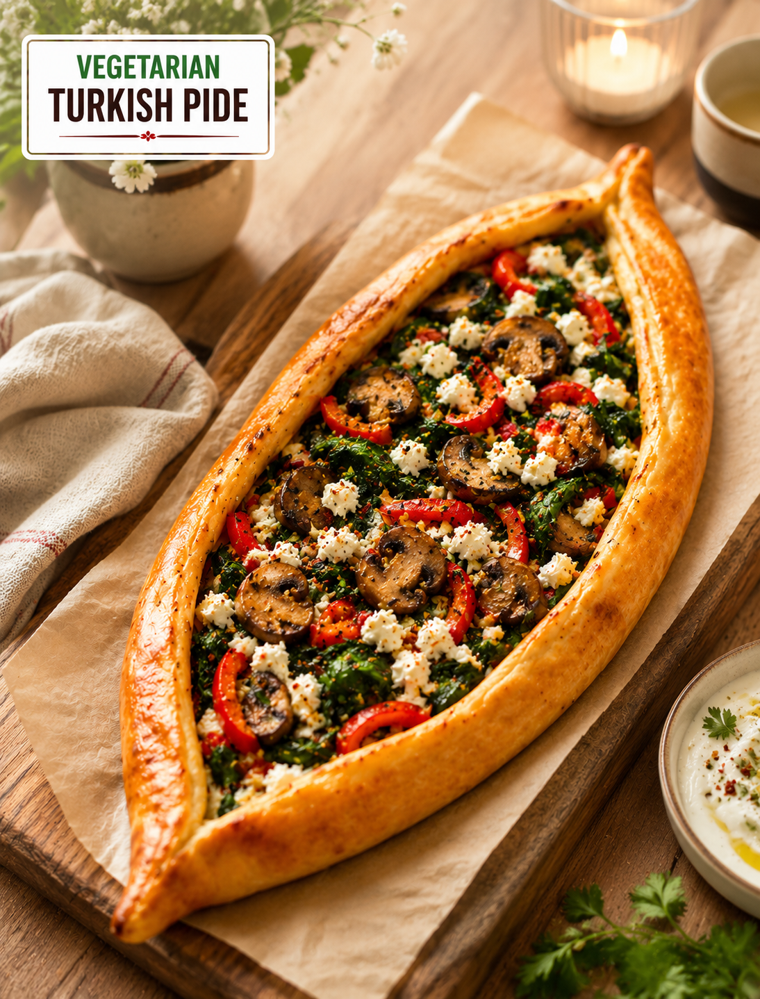 Vegetarian Turkish pide with spinach, mushrooms, red peppers, feta cheese, and golden crispy homemade flatbread